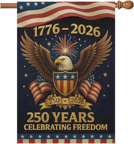 Vista 12 de Banderas de jardín con el 250 aniversario de Estados Unidos para exteriores, bandera de Estados Unidos del 250 aniversario 1776-2026, letrero