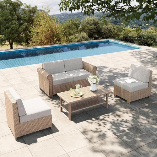 Vista 8 de HERA'S HOUSE Juego de muebles de patio de 6 piezas, sofá seccional de mimbre para exteriores con mesa de centro de 44", cojín impermeable de 5.5