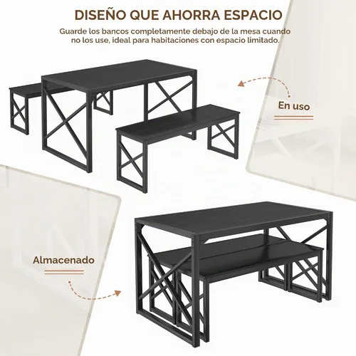 Vista 6 de VECELO Juego de mesa de comedor de cocina de 55 pulgadas para 4, marco de acero resistente y mesa de grano de madera, juegos de comedor que ahorran