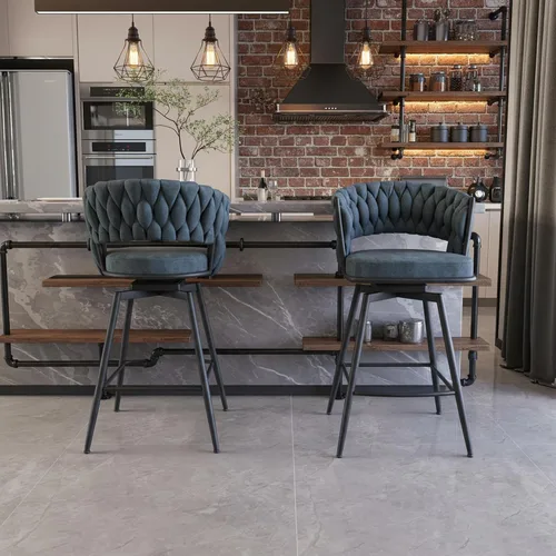 Vista 3 de Juego de 2 taburetes de bar giratorios de tela de gamuza con giro de 360°, base de metal y reposapiés, respaldo tejido tapizado para comedor, mesa