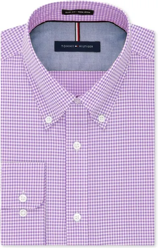 Vista 5 de Tommy Hilfiger - Camisa de vestir para hombre, ajuste delgado, no necesita planchado, a cuadros Aguamarina