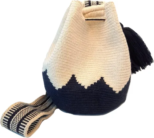 Vista 4 de Wayuu - Mochila para mujer, bolso de ganchillo, bolsas bohemias colombianas, hecha a mano con borlas grandes y bonitas, Azul y beige-mediano, M