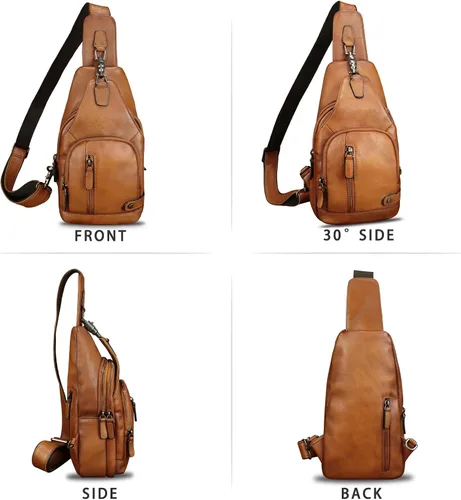 Vista 4 de IVTG Bolso bandolera de cuero genuino para hombres y mujeres, mochila vintage para el pecho, bolso cruzado para viajes y ciclismo, Marrón, Mediana