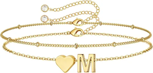 Vista 11 de M MOOHAM Pulseras de oro con inicial de corazón para mujer, pulseras con dije de letra A-Z de corazón dorado en capas para mujer, pulseras