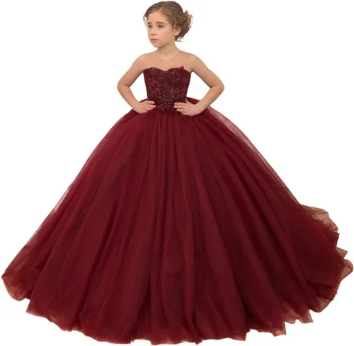 Vista 9 de Precioso vestido de niña de flores de tul para niños de boda con cuentas princesa sin mangas vestidos de baile