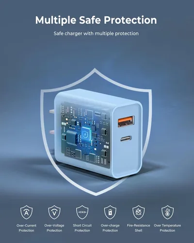 Vista 9 de Paquete de 3 cargadores de pared USB C, adaptador de corriente QC+PD 3.0 de doble puerto de 20 W, bloque de carga de doble enchufe rápido para Azul