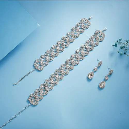 Vista 5 de Paxuan Gargantilla de boda con diamantes de imitación para mujer, collar y aretes, pulsera, cristal