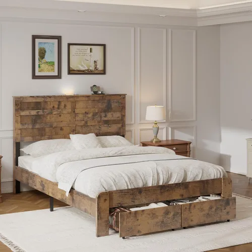 Vista 5 de Base de cama matrimonial con cabecera y almacenamiento, plataforma de madera con 2 cajones, carga USB tipo C y luces LED, no necesita somier, sin