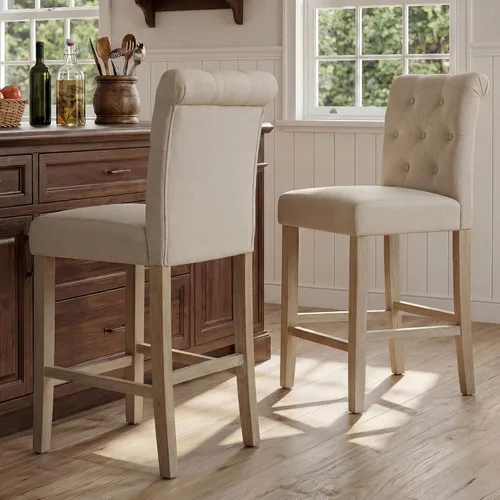 Vista 13 de GOTMINSI Taburetes de tela beige de 24 pulgadas, juego de 2 sillas tapizadas de altura de mostrador con decoración copetuda de estilo ocio