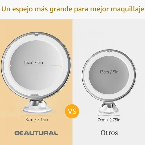 Vista 5 de Beautural Espejo de maquillaje con aumento de 10 veces con luces LED, espejo de maquillaje con aumento iluminado para el hogar, mesa, baño, ducha