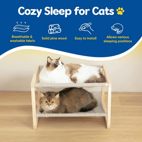 Vista 2 de Hamaca para gatos, cama de madera de doble capa para gatos de interior, cama elevada de 2 niveles para gatos con fundas transpirables y lavables