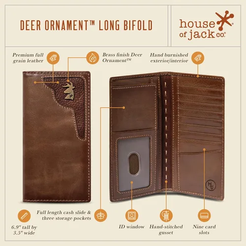 Vista 3 de HoJ Co. - Cartera larga plegable para hombre Cartera de Rodeo Cuero de grano completo Regalo de cazador de ciervos Adorno de ciervo de latón