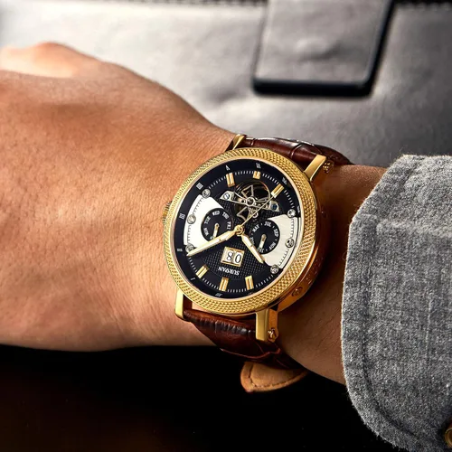 Vista 5 de Relojes automáticos para hombres, relojes de esqueleto de cristal de zafiro para hombres, reloj mecánico de cuerda automática, correa de cuero