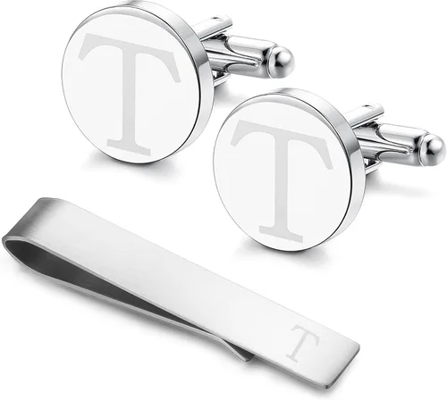 Vista 47 de LOYALLOOK - Gemelos de acero inoxidable grabados con inicial y clip de corbata, diseño de letras del alfabeto con caja de regalo, A-Z
