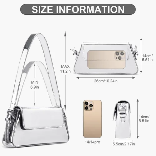 Vista 5 de Bolso de mano plateado para mujer, de cuero, bolso de mano Y2K, bolso de mano brillante, bolso de hombro brillante