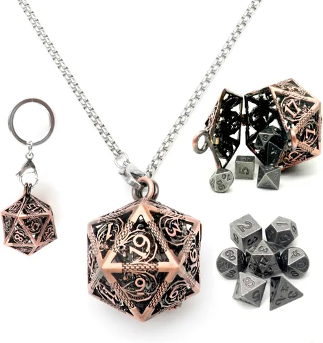 Vista 20 de Haxtec Juego Mini de Dados de Metal DND con Estuche de Collar Hueco Juego de Dados de Metal Pequeños Antiguos Juego de Llaveros D&D Portátil Juego
