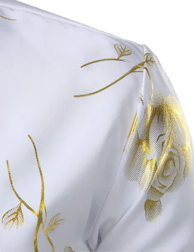 Vista 4 de ZEROYAA Camisas de vestir de manga larga con botones y estampado floral de rosas doradas 3D para hombre