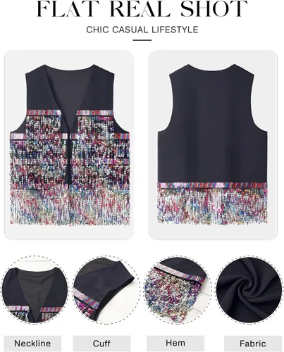 Vista 2 de ZXZY Chaleco sin mangas con flecos de lentejuelas para mujer, chaqueta ajustada y ligera