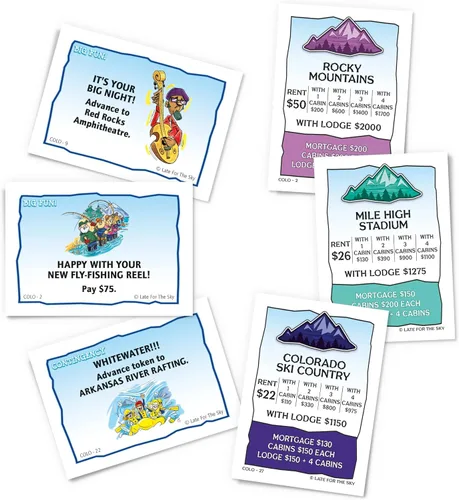 Vista 4 de Late for The Sky Colorado-Opoly Juego de mesa – Colorado Travel Family Game Night, estrategia comercial de propiedades, hecho en Estados Unidos, 2-6