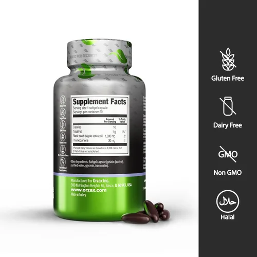 Vista 2 de ORZAX Cápsulas orgánicas prensadas en frío de 1000 mg de aceite de semilla negra con 20 mg de timoquinona para apoyo inmunológico, buen cabello