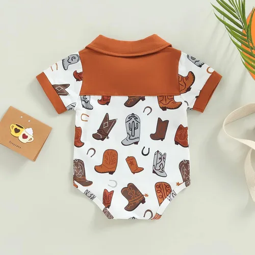 Vista 3 de Mameluco de manga corta con solapa y estampado de botas para recién nacidos, estilo polo, estilo casual, ropa de verano