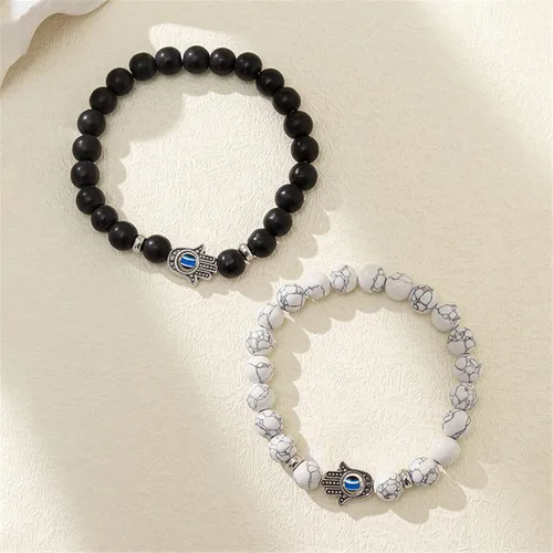 Vista 3 de 2-3 pulseras elásticas con cuentas de Hamsa de ojo turco de la suerte azul turco con cuentas Hamsa de Fátima con 7 chakras de piedra de lava