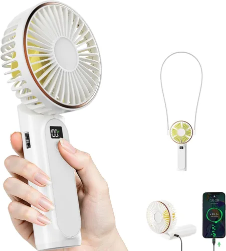 Vista 13 de TUNISE Ventilador de Mano Portátil Recargable, Ventilador Portátil de 4000mAh, Ajustable 180°, 6 Velocidades de Viento, Pantalla de Electricidad