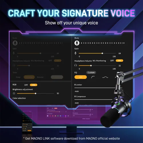 Vista 3 de MAONO XLR/USB - Micrófono dinámico para juegos RGB con software, silencio, perilla de ganancia, control de volumen y conector para auriculares