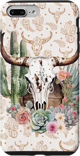 Vista 12 de Western Boho Chic Longhorn Bull Skull Cactus Beige Pattern Case for iPhone 17
