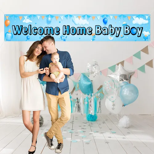 Vista 5 de Labakita Cartel de bienvenida a casa para bebé niño, pancarta grande para baby shower, decoración azul para baby shower, revelación de género
