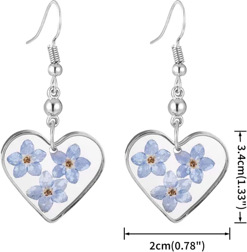 Vista 4 de Juego de pendientes colgantes y collar colgante con diseño de flores azules prensadas secas, Metal, Sin piedra preciosa
