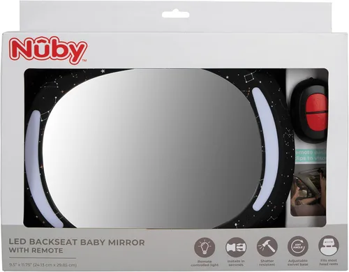 Vista 6 de Nuby Espejo de coche de bebé con luz LED para asiento trasero con luz controlada a distancia, espejo resistente a las roturas de visión amplia