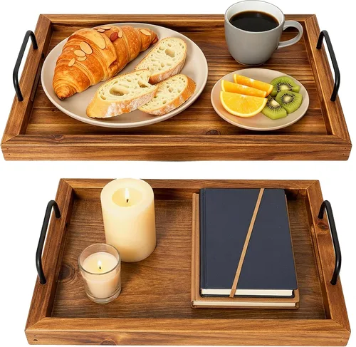 Vista 9 de Besti Bandejas rústicas vintage para servir comida (juego de 2) Tabla de madera anidable con asas de metal Elegantes bandejas de servir