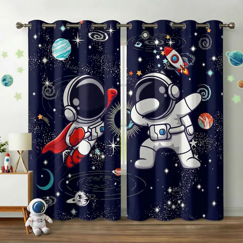 Vista 16 de Cortinas opacas con diseño de cohetes de dibujos animados para niñas y niños, decoración del hogar, aventura en el espacio, galaxia, planetas, azul