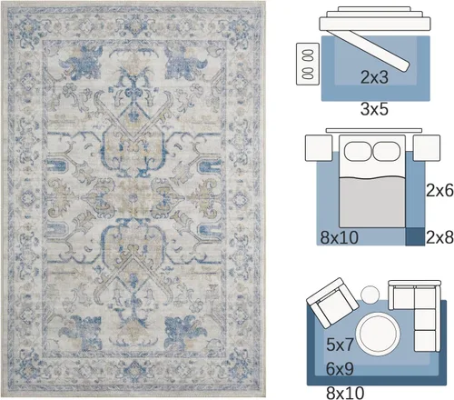 Vista 114 de jinchan Lima - Alfombra simétrica floral geométrica lavable, alfombra de entrada de medio círculo de 2 x 3, alfombra de media luna, suave y Azul