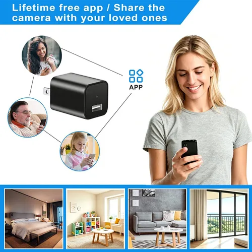 Vista 2 de Cargador inteligente de cámara USB WiFi, cámara inalámbrica HD 1080P, aplicación de cámara de seguridad, alimentación en vivo para el hogar