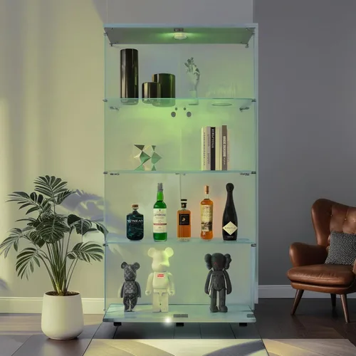 Vista 19 de Vitrina de cristal con luces LED y cerradura, vitrina Curio de 4 niveles con puerta de cristal, estantería de pie para sala de estar, dormitorio