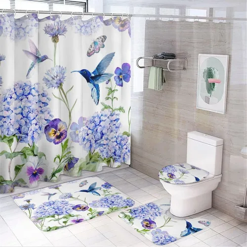 Vista 10 de Hermosos juegos de cortinas de ducha de 4 piezas de hojas de eucalipto, colibrí, rústico, acuarela, morado, eucalipto, floral, colibrí