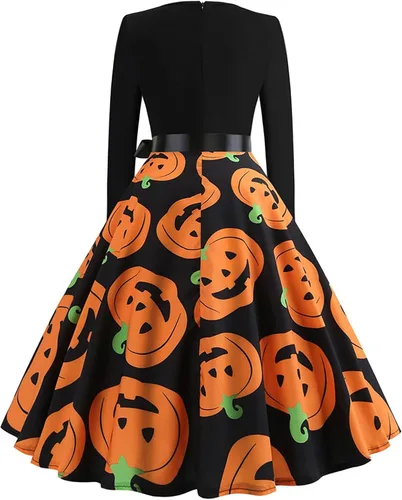 Vista 4 de Vestido de Halloween para mujer, estilo vintage de los años 50, estampado de calabaza, manga larga, cuello en V, talla grande, vestidos de noche
