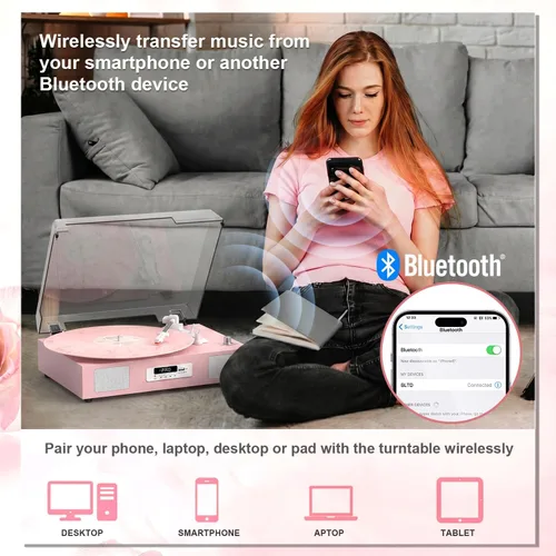 Vista 3 de Vinyl Record Player with Stereo Speakers Turntable USB Recording, Pink,Built-in Speakers, 3-Speed Belt Drive, RCA Line-Out AUX-in, Auto Stop