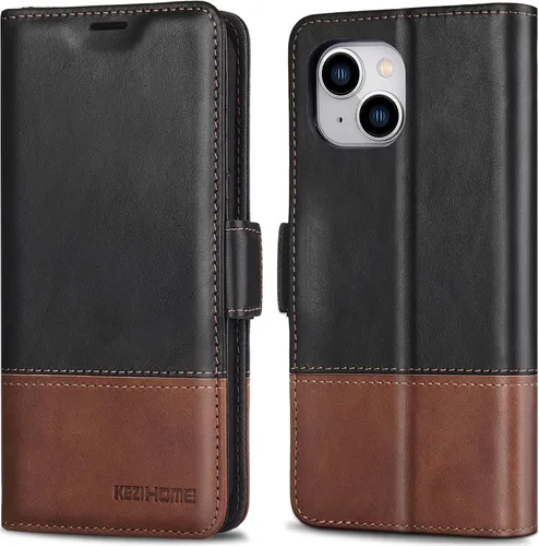 Vista 24 de KEZiHOME Funda para iPhone 15, de piel auténtica, bloqueo RFID, carcasa interior de TPU, cierre magnético, ranura para tarjetas, a prueba de golpes