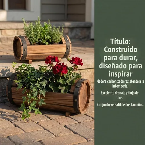 Vista 7 de DOITOOL Macetas de medio barril para exteriores, paquete de 2 macetas rústicas de madera maciza para plantas, juego de macetas de barril de vino