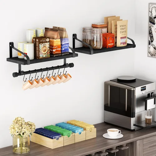 Vista 2 de Love-KANKEI Estantes flotantes para barra de café, estantes de baño con toallero, estantes de pared con 8 ganchos para cocina, juego de 2 estantes