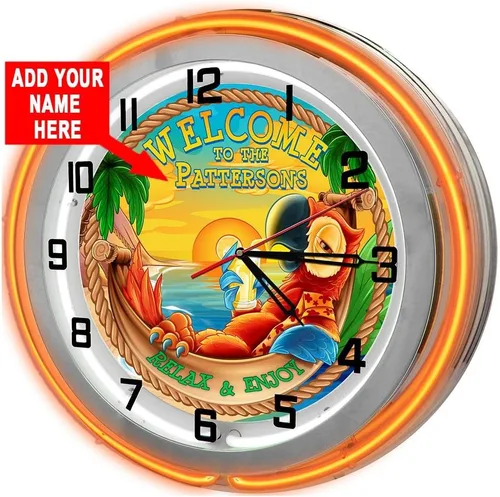 Vista 6 de Reloj de garaje personalizado Tiki Parrot Beach Bar de 18 pulgadas, color azul, doble neón, de Redeye Laserworks