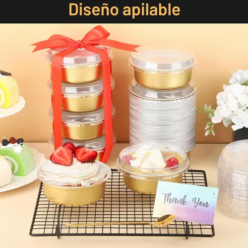 Vista 5 de Beasea - Juego de 50 ramekins de aluminio con tapas, 260 ml, 8.8 oz, 4 pulgadas, ramekins desechables de papel de aluminio para hornear, redondos