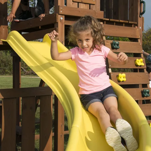 Vista 5 de Swing-N-Slide WS 8355 Castlebrook - Juego de columpios con dos toboganes, columpios y pared de escalada, madera