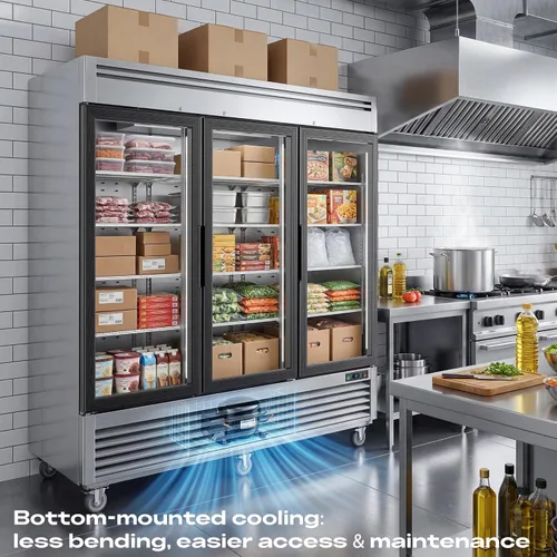 Vista 4 de Coolake Congelador comercial de 82 pulgadas, 3 puertas de vidrio, 72 pies cúbicos de acero inoxidable con luz LED, ventilador de -8 a 0 ℉
