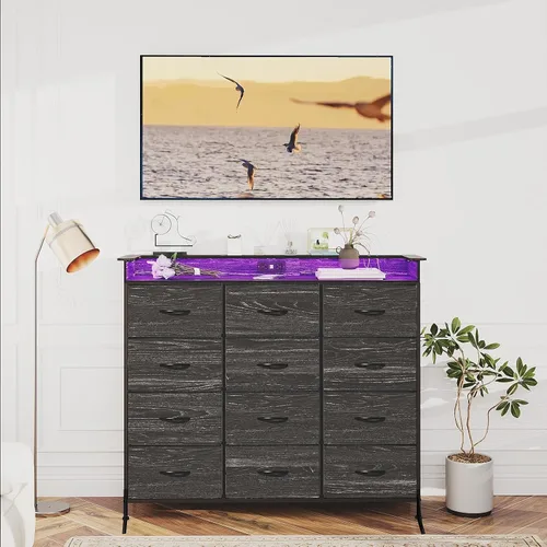 Vista 7 de Cómoda negra con luz LED, 12 cajones con estación de carga, cómoda para dormitorio con 12 cajones de tela para dormitorio, pasillo, entrada