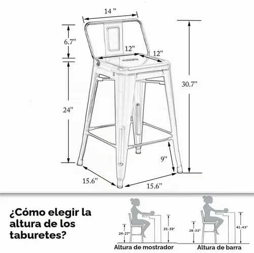Vista 3 de [Juego de 4] Taburete metálico apilable industrial moderno para interior/exterior 17 pulgadas, Metal Negro