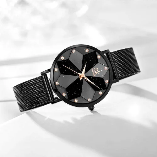 Vista 4 de SK Shengke - Reloj ultra delgado de creativo diseño minimalista, floral o de cielo estrellado con extensibles de piel genuina o acero